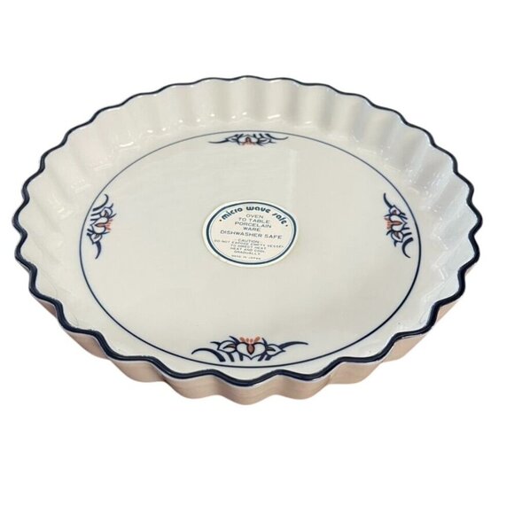 New Vintage Japanese Porcelain Baking Serving Quiche Tart Dish Blue White Floral - Picture 3 of 4
